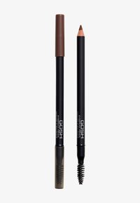 Ensemble de crayons à sourcils GOSH comprenant un crayon brun foncé avec une pointe effilée et une brosse spoolie rétractable, le tout dans un emballage noir.