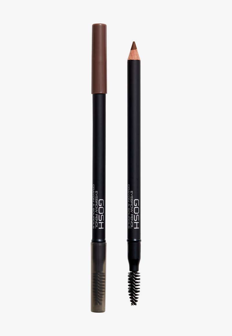 Ensemble de crayons à sourcils GOSH comprenant un crayon brun foncé avec une pointe effilée et une brosse spoolie rétractable, le tout dans un emballage noir.
