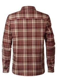 Camisa de cuadros de manga larga con una combinación de colores burdeos, crema y marrón. Tejido suave con cuello abotonado y yugo trasero recto.