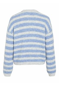 Suéter a rayas azul y blanco, textura suave, cuello redondo, mangas largas, corte corto, material peludo. Vista trasera muestra rayas horizontales.