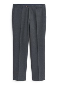 Pantalons gris à motif avec une coupe ajustée, présentant une taille plate, des poches latérales et une fermeture à bouton au niveau de la taille.