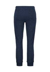 Marineblauwe joggingbroek van zachte stof, met een elastische tailleband, taps toelopende benen en een enkele achterzak.