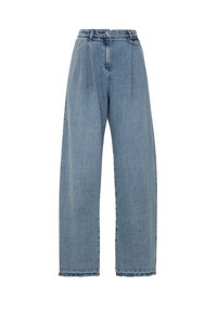 Jeans de talle alto en azul claro con pliegues, diseño de pierna ancha, dobladillo deshilachado y estilo clásico de cinco bolsillos. Hechos de tela de mezclilla.