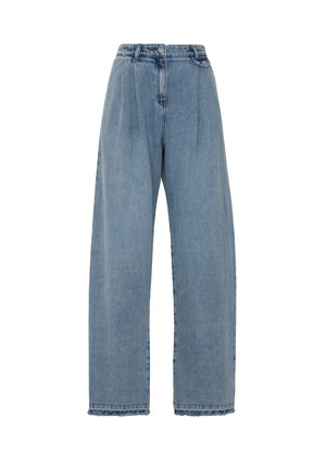 Lichtblauwe high-waisted jeans met plooien, brede pijpen, rafelige zoom en een klassieke vijf-pocket stijl. Gemaakt van denim stof.