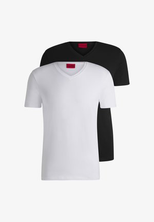 Two v-neck t-shirts in white and black. Made of soft fabric, featuring short sleeves and a fitted design. Red label with "HUGO" branding.