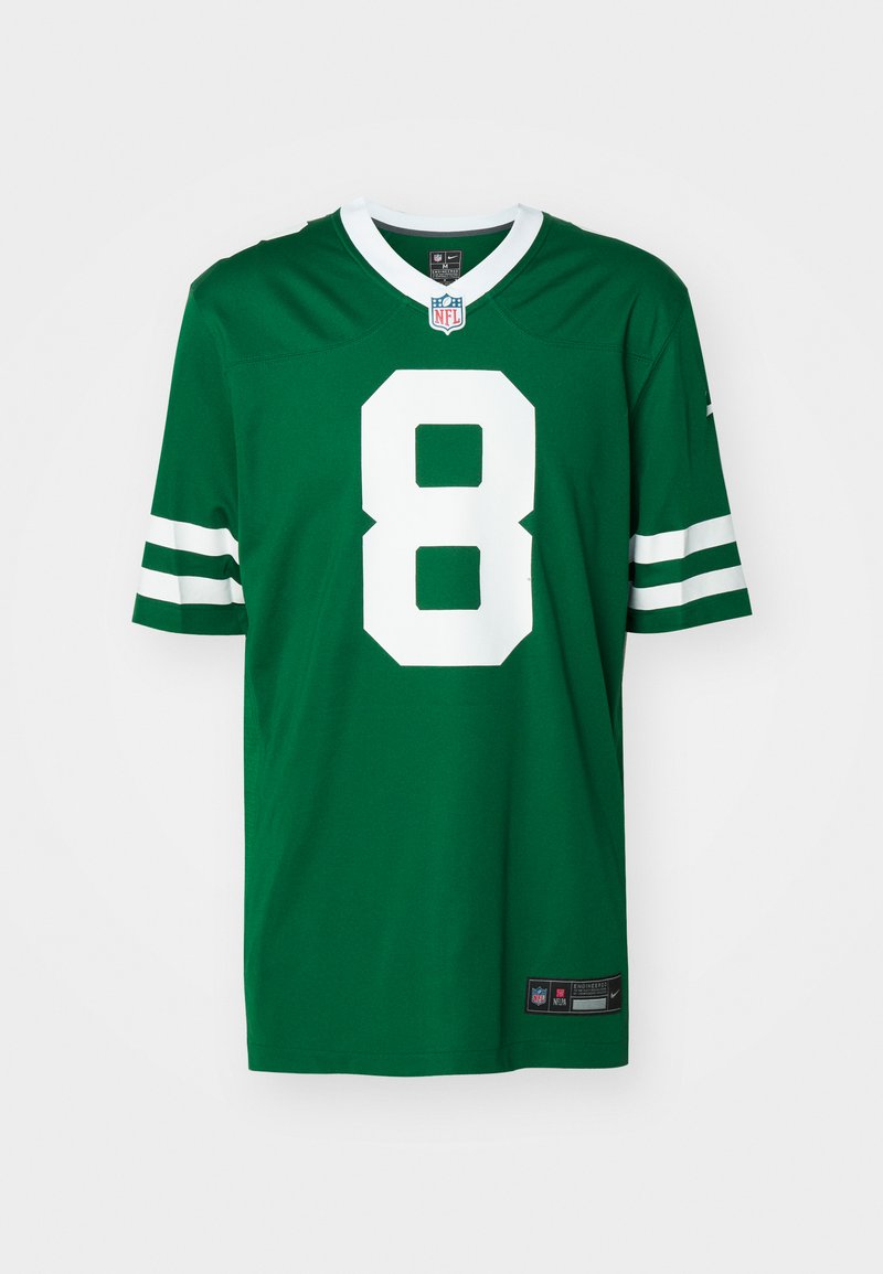 Zielona koszulka NFL z białymi akcentami, z numerem 8 z przodu i białymi paskami na rękawach. Tkanina wydaje się gładka i lekka.