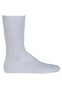 Weißer Baumwollsocken mit geripptem Muster, mittlerer Höhe und verstärktem Zehenbereich. Einfaches Design ohne Muster oder Akzente.