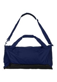 Sac de sport bleu marine et noir en tissu durable, doté d'une poignée supérieure rembourrée et d'une bandoulière amovible pour plus de flexibilité lors du transport.