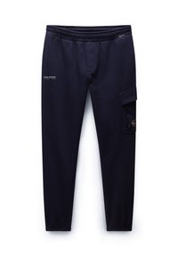 Navy blue sweatpants made of soft fabric, featuring an elastic waistband, side pocket, and small logo print on the left thigh.