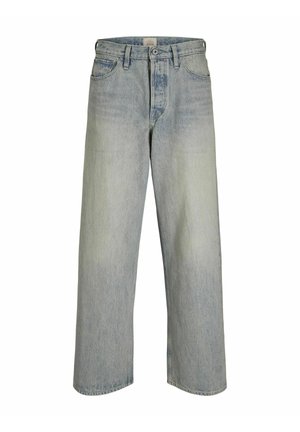 Jean en denim bleu clair à jambes larges avec taille haute, design à cinq poches et décoloration notable pour un look vintage.