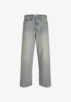 Ljusblå denimjeans med vida ben, hög midja, femfickorsdesign och påtaglig blekning för en vintage-look.