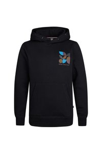 Zwarte hoodie van een katoenmix, met een kangoeroezak, een capuchon met trekkoord en een kleurrijk geometrisch logo op de borst.