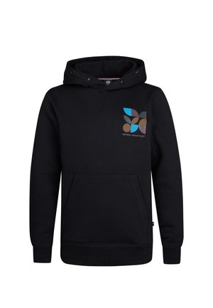 Haut à capuche noir en mélange de coton, avec une poche kangourou, un cordon de serrage à la capuche et un logo géométrique multicolore sur la poitrine.
