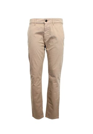 Chinos beige en coton avec une coupe droite, dotés d'une fermeture à bouton, de poches avant et d'un tissu légèrement texturé.