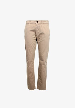 Chinos beige en coton avec une coupe droite, dotés d'une fermeture à bouton, de poches avant et d'un tissu légèrement texturé.