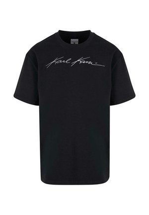 T-shirt en coton noir à manches courtes et col rond. Présente un texte en cursive blanc bien en vue sur la poitrine. Design simple et classique.