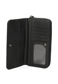 Portafoglio in pelle nera con chiusura a zip, dotato di più scomparti per carte, una tasca trasparente per l'ID e un interno testurizzato.