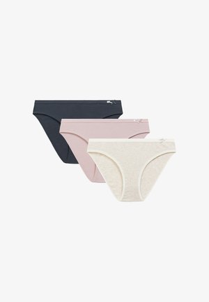 Trzy pary damskich majtek w kolorach ciemnoniebieskim, jasnoróżowym i beżowym. Wykonane z miękkiej tkaniny z delikatnymi wzorami i małymi kokardkami na pasku.