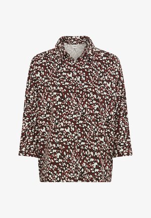 Button-up shirt featuring a maroon, black, and white abstract animal print, with a collar and three-quarter sleeves. Lightweight fabric.