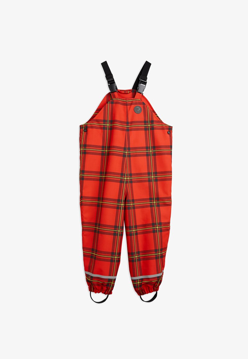 Sarkans kostīms, kas izgatavots no ūdensizturīga materiāla, ar regulējamiem melniem siksnām, elastīgām aprocēm un atstarojošu joslu redzamībai.