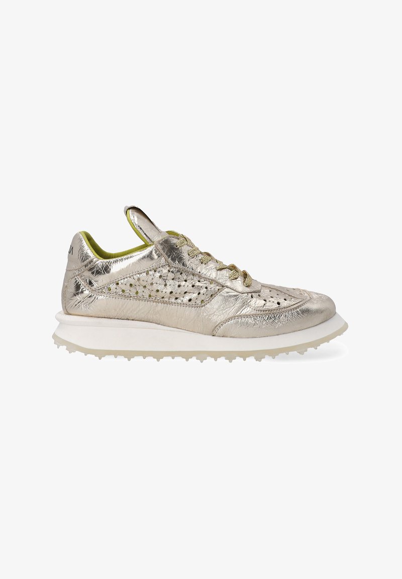 Metallic silver athletic shoe with perforated detailing, green accents, and a textured upper. Features a white sole and rubber spikes.