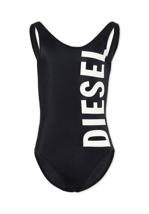Costume intero nero con spalline larghe e grande logo verticale bianco "DIESEL" sul lato destro.