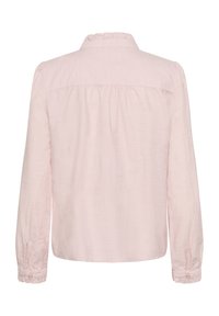 Cămașă lungă cu mânecă dintr-o nuanță de roz deschis, cu guler volanat, spate plisat și manșete cu nasturi. Finisaj dintr-un material moale, texturat.