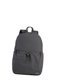 Gray nylon backpack with a rounded top, adjustable straps, front cinch pocket, and a rectangular base. Features a brand logo on the front.
