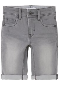 Gray denim shorts with a rolled hem, five-pocket design, and a fitted cut. Features contrasting stitching and a front button closure.