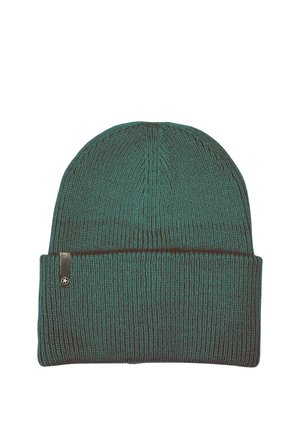 Strickmütze in teal mit umgeschlagenem Rand. Verfügt über eine gerippte Textur und ein kleines schwarzes Logotag an der Seite. Hergestellt aus weichem und dehnbarem Material.