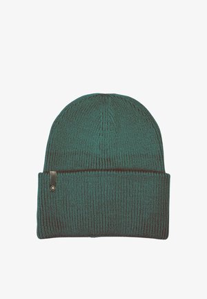 Knitted beanie hat in teal with a folded brim. Features ribbed texture and a small black logo tag on the side. Soft and stretchable material.