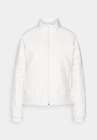 Balta pūkinė striukė su aukštu apykakle, užtrauktuku ir siūlėta tekstūra. Yra ilgos rankovės ir supjaustytas dizainas. Lygi apdaila.