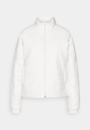 Biała kurtka puchowa z wysokim kołnierzem, zamkiem błyskawicznym i pikowanym wzorem. Posiada długie rękawy i skrócony fason. Gładkie wykończenie.
