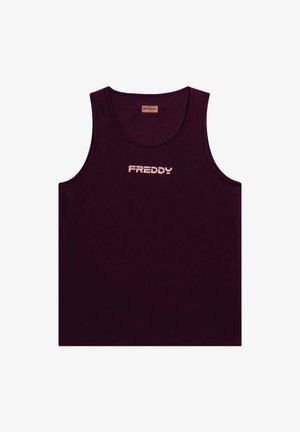 Débardeur bordeaux en coton avec un col rond, portant le logo "FREDDY" imprimé en rose clair sur la poitrine.