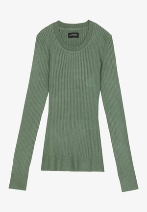 Green ribbed long-sleeve sweater with a round neckline. Made from soft fabric, featuring a snug fit and a textured finish.