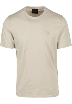 Beige cotton t-shirt with a crew neck, short sleeves, and a small embroidered logo on the left chest. Smooth texture, simple design.
