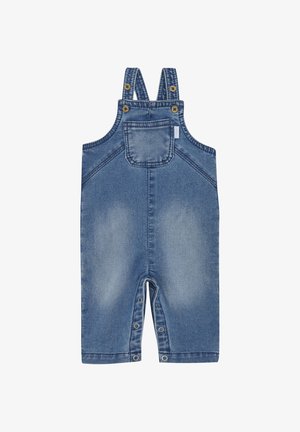Salopette en jean pour bébé avec bretelles réglables, poche frontale et boutons-pression le long des coutures intérieures des jambes pour un changement de couche facile.