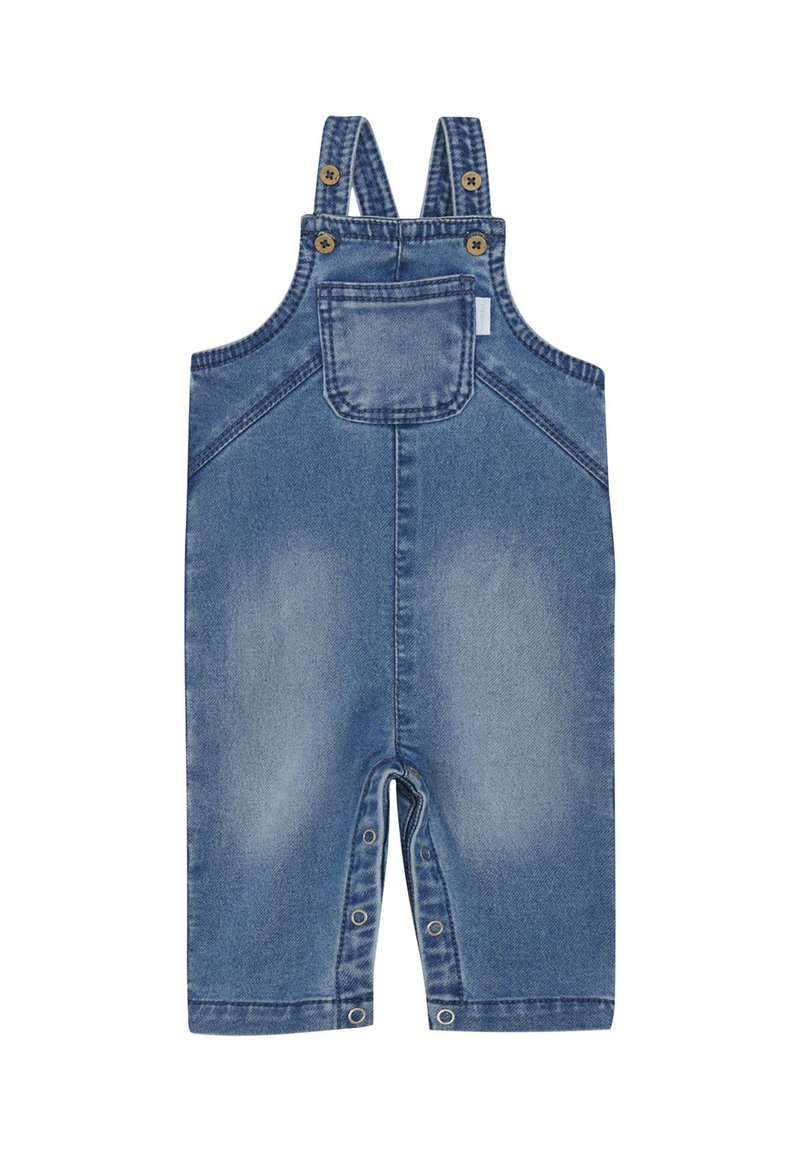 Denim baby overalls met verstelbare schouderbanden, een voorzak en drukknoopjes langs de binnenbeen naden voor gemakkelijke verschoningen.
