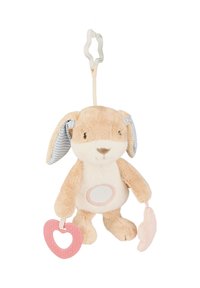 Plush bunny toy with beige fur and blue striped ears, holding a pink heart-shaped teether and a light pink flower-shaped accessory.