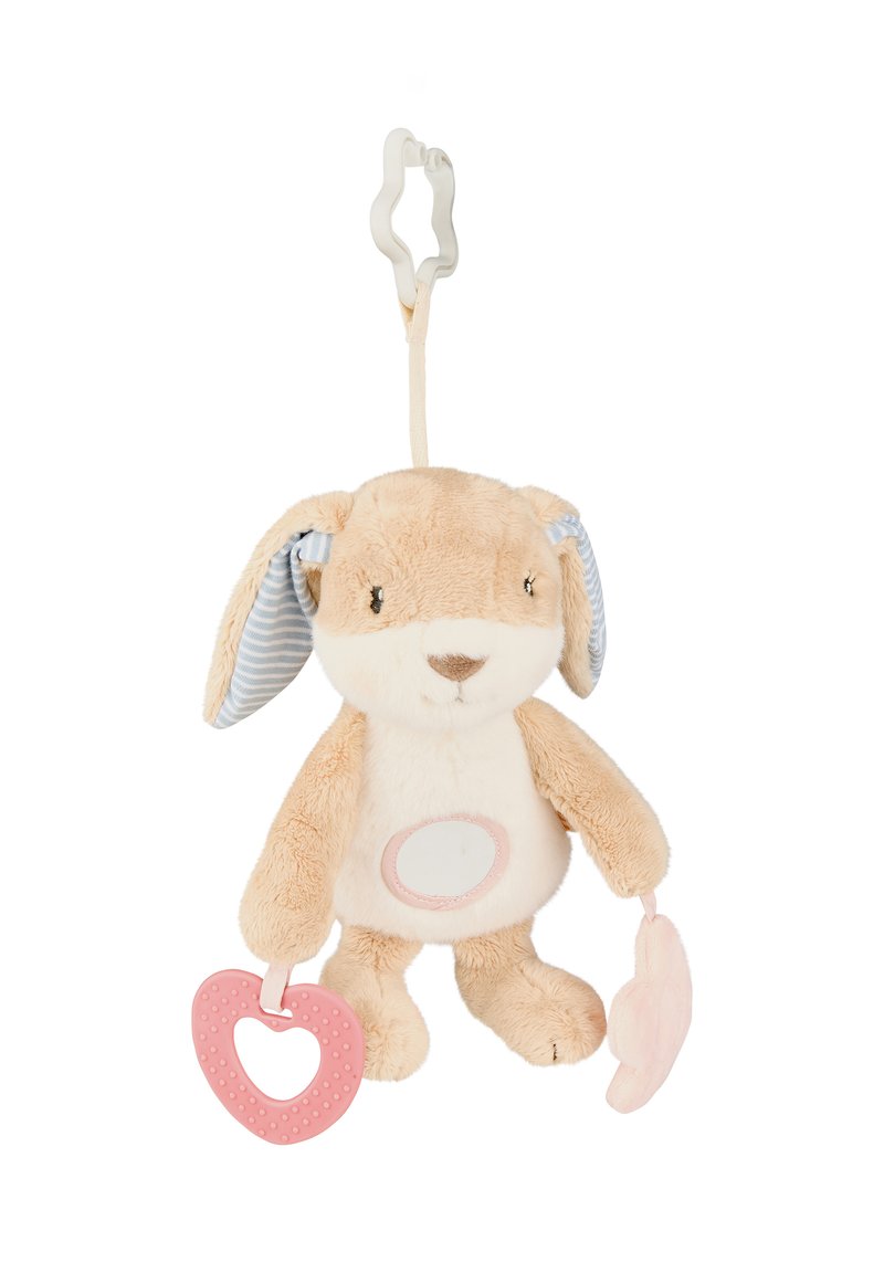 Plush bunny toy with beige fur and blue striped ears, holding a pink heart-shaped teether and a light pink flower-shaped accessory.