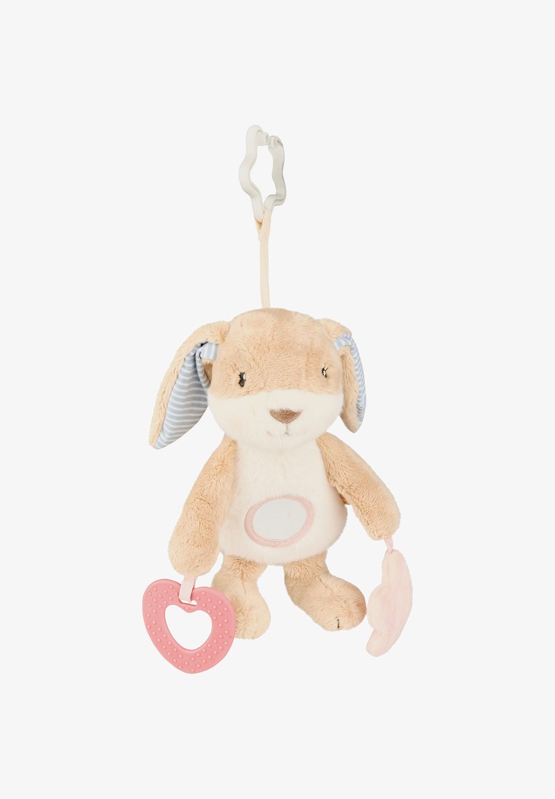 Plush bunny toy with beige fur and blue striped ears, holding a pink heart-shaped teether and a light pink flower-shaped accessory.