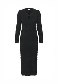 Robe noire en tricot à manches longues, texture côtelée, décolleté en forme de clé, longueur mi-mollet, avec des motifs horizontaux subtils.