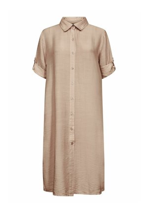 Nuppudega lühikeste varrukatega kleit heledas beežis toonis. Valmistatud pehmest, tekstuurse kangaga, millel on krae ja rullitud varrukad.