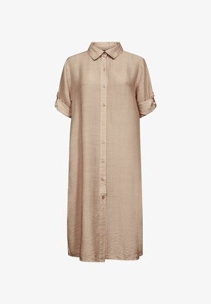 Nuppudega lühikeste varrukatega kleit heledas beežis toonis. Valmistatud pehmest, tekstuurse kangaga, millel on krae ja rullitud varrukad.