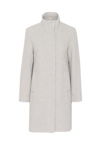 Helles graues Wollmantel mit hohem Kragen, langen Ärmeln, vorderen Taschen und geradem Schnitt. Hat klare Linien und ein minimalistisches Design.