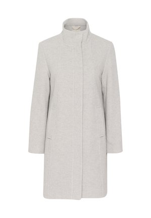Light gray wool coat with a high collar, long sleeves, front pockets, and a straight cut. Features clean lines and minimalistic design.