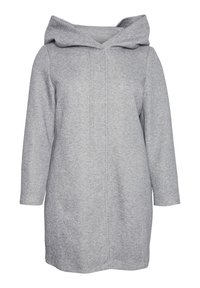 Grå uldfrakke med en unik oversized hætte, lange ærmer, lige snit og detaljer ved den forreste søm. Blød tekstur og minimalistisk design.