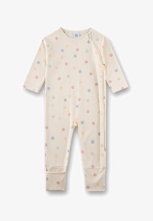 Babykombi in Creme mit langen Ärmeln, bunten pastellfarbenen Polka Dots und einem seitlichen Reißverschluss, der vom Hals bis zum Bein verläuft.
