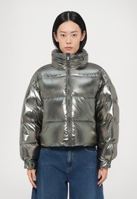 Metāliskas sudraba krāsas pūkaina jaka ar augstu apkakli, šūtu dizainu, priekšēju rāvējslēdzēja aizdari un elastīgām aprocēm, kombinēta ar zilu džinsu audumu.