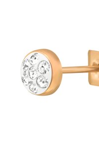 Orecchini tondi color oro con un design circolare, con base bianca e gemme trasparenti incorporate, che creano un accento scintillante.